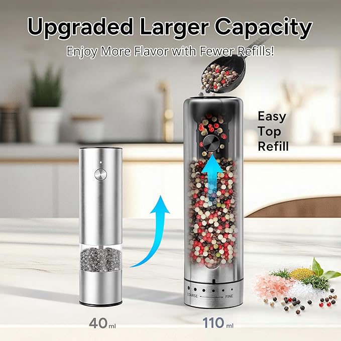 Electric Salt and Pepper Grinder Set, Rechargeable Automatic Salt and Pepper Shakers Mills, 110ml Large Capacity, Stainless Steel, Adjustable Coarseness, LED Light & Base, Ideal for Kitchen & Gifts