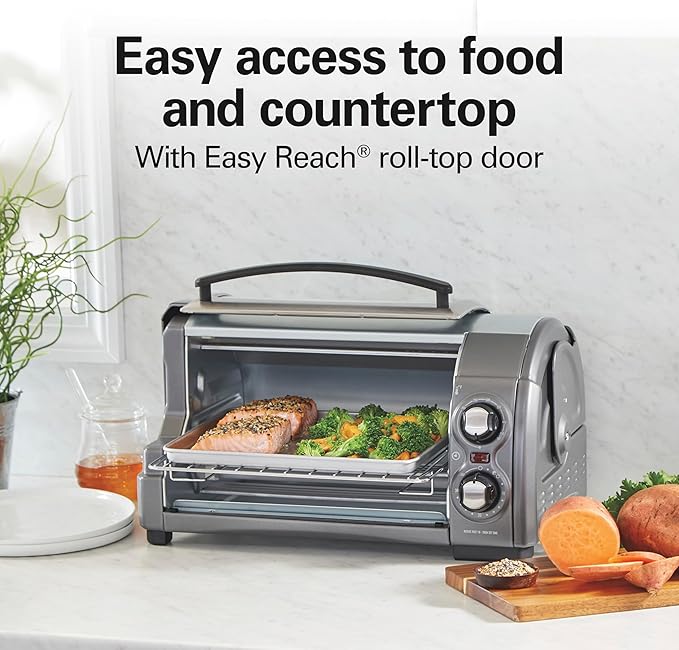 Hamilton Beach Easy Reach 4-Slice Countertop Toaster Oven With Roll-Top Door, 1200 Watts, Fits 9??Pizza, 3 Cooking Functions for Bake, Broil and Toast, Silver (31344DA)