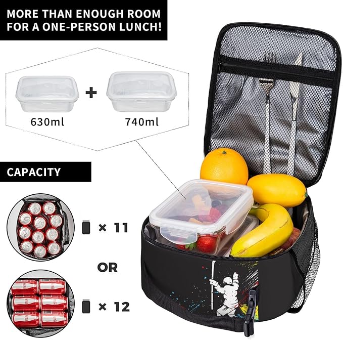 YIJIUWKIS Sports Lunch Bag for Boys Hockey Insulated Lunch Box with a Ice Hockey Player Pattern Print, Black Cooler Thermal Lunch Bag Tote Handbag with Water Bottle Holder for Kids Teens Adults