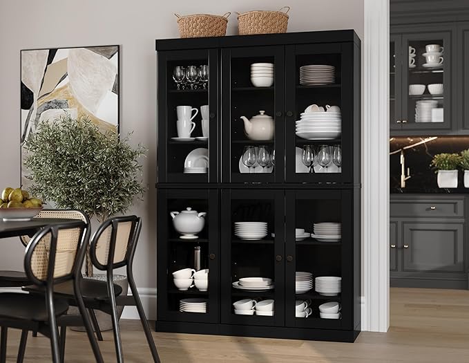Palace Imports 100% Solid Wood 48.5" Pantry China Cabinet with Clear Glass Doors and Adjustable Shelves (Black)