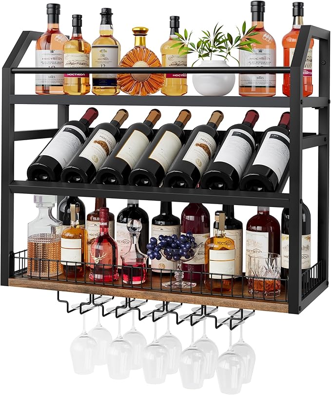 Hoctieon Wall Mount Wine Rack, Wall Mounted Wine Bottle Rack for Display and Storage, Hanging Bottle Holder, for Living Room, Dining Room,Bar, Wine Cellar, Rustic Brown