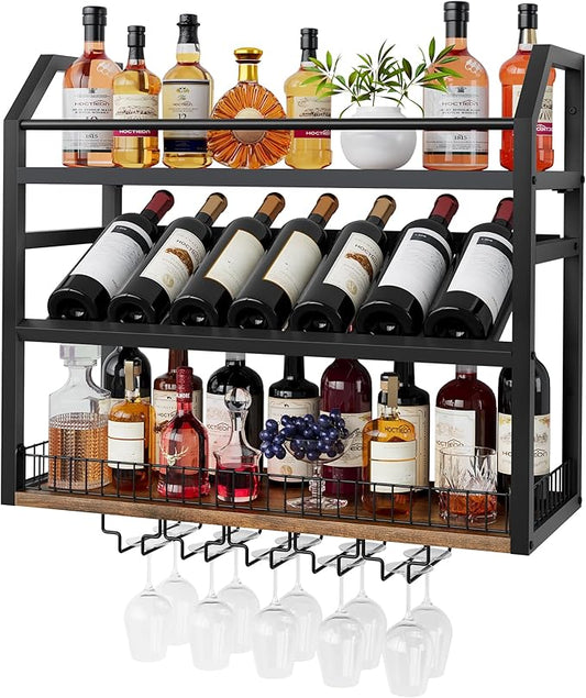 Hoctieon Wall Mount Wine Rack, Wall Mounted Wine Bottle Rack for Display and Storage, Hanging Bottle Holder, for Living Room, Dining Room,Bar, Wine Cellar, Rustic Brown