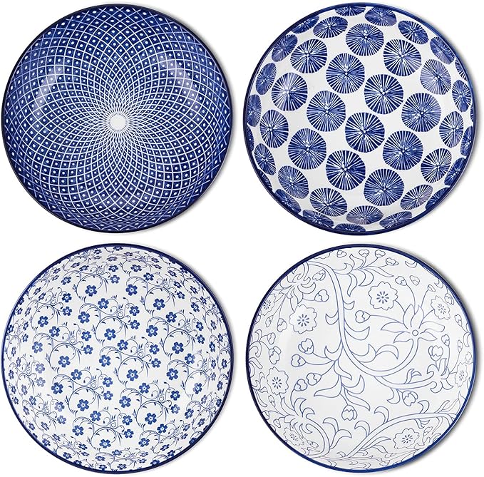 Selamica Porcelain 40oz Large Serving Bowls 9 inch Big Pasta Bowls Set of 4 for Eating, Microwave and Oven Safe, Vintage Blue
