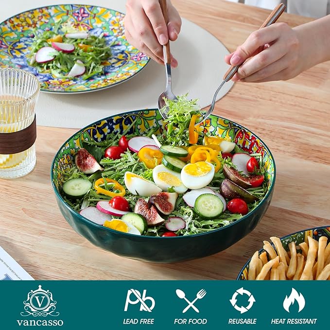 vancasso Large Serving Bowls, 78 Oz Extra Large Salad Bowls Set of 2, Bohemian Decorative Bowls for Salad, Fruit, Pasta and Dinner, Serving Dishes Set for Party, Dishwasher & Microwave Safe竊뛉reen