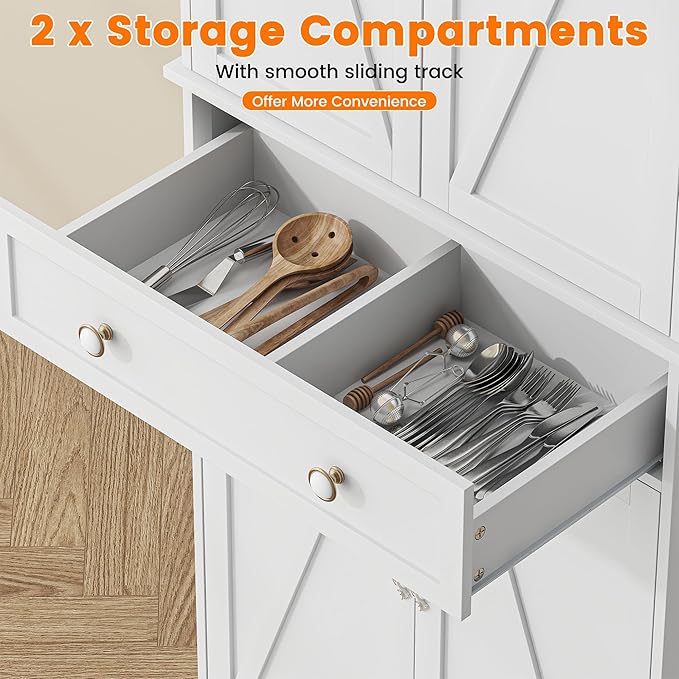72" Tall Kitchen Pantry Cabinet, White Pantry Storage Cabinet with Adjustable Shelves, Barn Doors and Drawer, Farmhouse Cupboard for Kitchen, Dining Room, Bathroom (16" D x 30" W x 72" H)