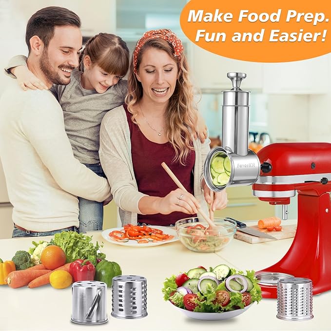 Fresh Prep Slicer Shredder Attachment for KitchenAid Stand Mixers, Stainless Steel Large Salad Maker,Cheese Grater Accessories with 3 Thick Blades,Dishwasher Safe