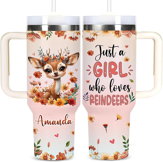 AGGLOMEKC Personalized Cute Reindeer Cup - Mother's Day Birthday Gift For Animal Lovers - Just A Girl Who Loves Reindeer Tumbler 40oz With Custom Name - Pet Lover Gifts For Women, Her