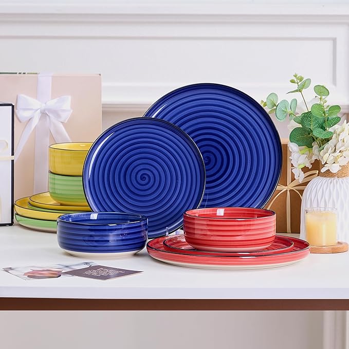 Alntlsiss Bonita Dinnerware Sets 12 Pieces, Blue Stoneware Dishes Set for 6, Plates Set and Bowls Sets, Dishwasher and Microwave Safe