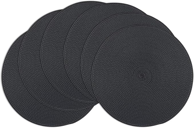 Winknowl Round Braided Placemats Set of 6 Washable Woven Heat Resistant Table Mats for Kitchen Dining Tables 15 inch Round Place Mats (Black,6pcs)