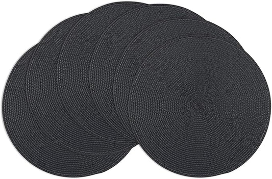 Winknowl Round Braided Placemats Set of 6 Washable Woven Heat Resistant Table Mats for Kitchen Dining Tables 15 inch Round Place Mats (Black,6pcs)