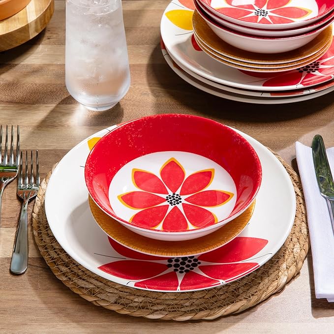 Larder & Vine 12-Piece Melamine Dinnerware Set: Durable, Lightweight, Break-Resistant Plates & Bowls ??Stylish, Non-Toxic, Dishwasher Safe ??Ideal for Everyday Use, Indoor & Outdoor Dining ??Floral