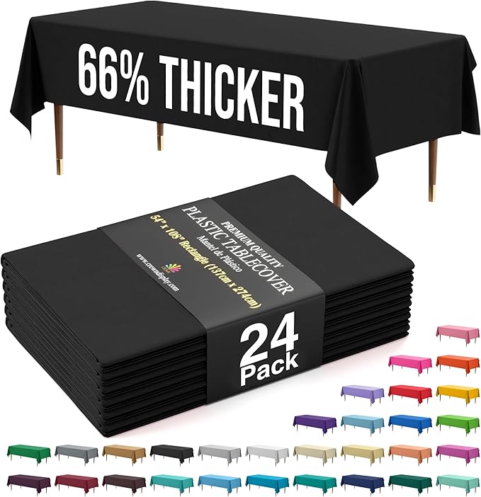 Exquisite 66% Thicker Premium Plastic Table Cloth Rectangle Table Cover 0.5 Mil 24 Pack Black Table Cloth 54 Inch x 108 Inch Disposable Tablecloth Won't Tear Easily Like Cheap Thin Brands