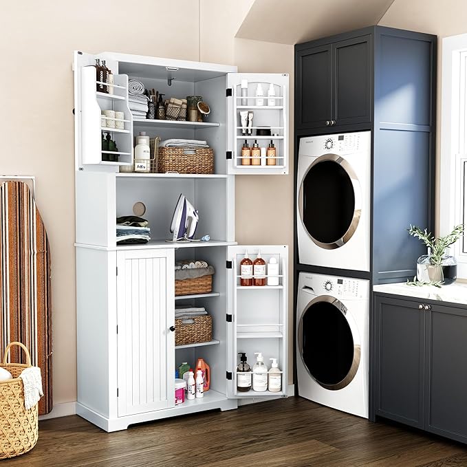 HLR 72" Kitchen Pantry Storage Cabinet, Freestanding Larder Cupboard, Kitchen Hutch Cabinet with Microwave Stand,Utility Pantry with Doors and Shelves for Dining Room, Living Room
