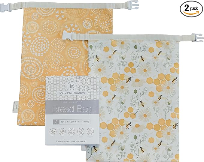 Reusable Beeswax Bread Bag 2 Pack ??2x17 Bread Bag for Homemade Sourdough, Beeswax Coated Organic Cotton Storage Bag for Loaf Baguette, Freezer Safe, Eco-Friendly Wrap Honeybee