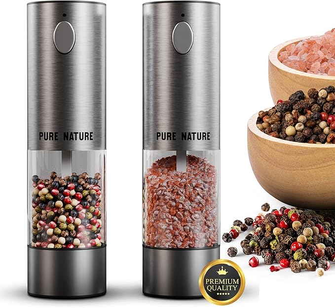 Pure Nature Electric Salt and Pepper Grinder Set with Rechargeable Base ??Stainless Steel, Large Capacity, LED Light, 5 Adjustable Coarseness Levels, Refillable, Type-C Fast Charging