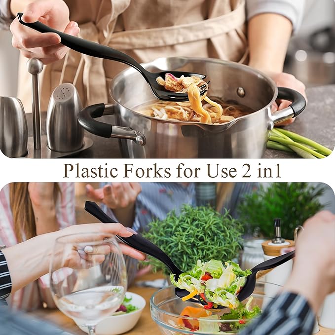 Mwellewm 72Pcs Plastic Serving Utensils Set 9'' Large Disposable Serving Spoons Forks and Tongs for Serving Food Heavy Duty Black Party Utensil Supplies for Buffet Restaurant Picnic Dinner Salad Soup