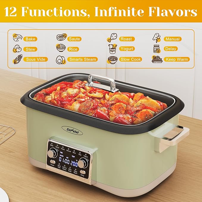Sunvivi 8 Quart Slow Cooker Roaster Oven, 12 in 1 Programmable Multi-Cooker Food Warmer with Digital Timer, Temp Control, Removable Cast Aluminum Pot & Dishwasher-Safe Tempered Glass Lid, Green