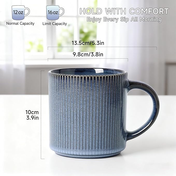 MONITO 16Oz Coffee Mugs Set of 6, Rustic Ceramic Coffee Cups Set with Large Handle, Vintage Striped Stoneware Coffee Mugs for Latte, Cocoa, Tea, Milk, Microwave & Dishwasher Safe, Deep Blue