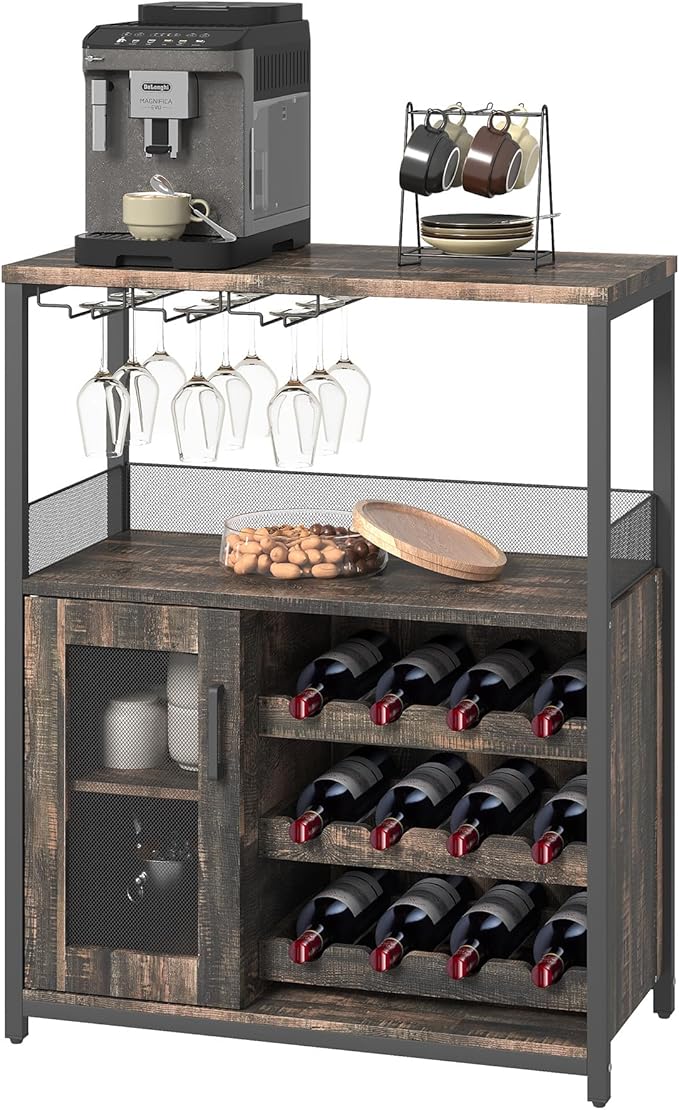 Vintage Industrial Wine Bar Cabinet with Adjustable Wine Racks and Glass Holders, Mesh Door Sideboard Storage Cabinet for Living Room, Kitchen, Dining Room, Compact Design, Easy Assembly,Burnt Color