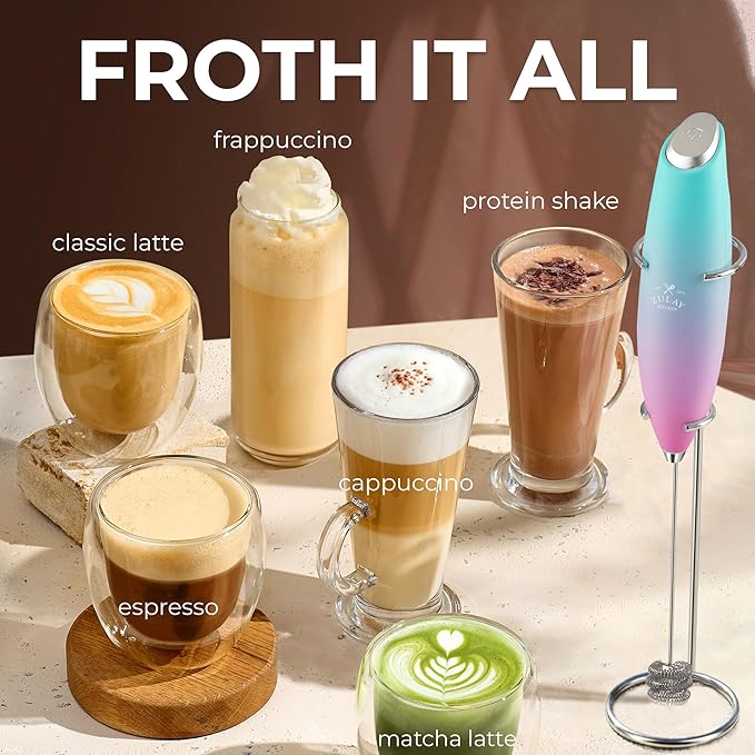 Zulay Kitchen Patented Tornado Triple Whisk Milk Frother with 4 Duracell Batteries ??Handheld Foam Maker for Coffee, Lattes, Matcha & Hot Chocolate ??Rich, Creamy Froth in Seconds