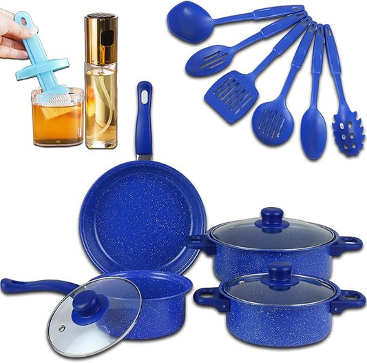 7-Piece Non-Stick Aluminum Cookware Set - Pots and Pans, Pot & Pan Sets Nonstick with Lids for Frying, Boiling, Stewing & Sauteing (Deep Blue)
