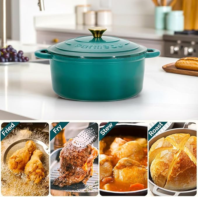 Parmedu Enameled Cast Iron Dutch Oven-5.5 Quart Pot with Lid, Dual Handle,Heavy Duty Cookware for Braising, Stews, Roasting, Bread Baking, Bottle Green