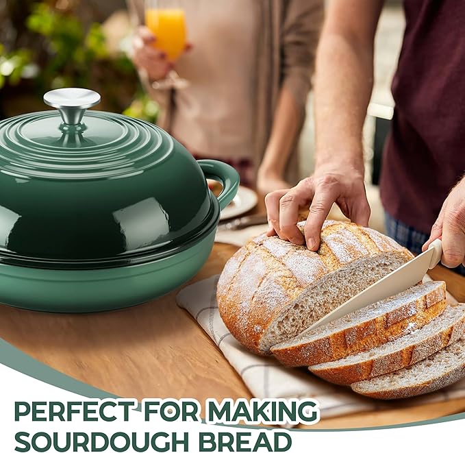 E-far Dutch Oven for Sourdough Bread Baking, 6 Qt Round Enameled Cast Iron Dutch Oven for Homemade Artisan Bread, Dome Lid & Shallow Base, Matte Black Interior & Durable, Oven-Safe to 500?? Dark Green