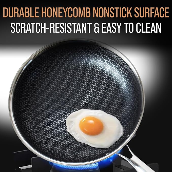 10??Non-Stick Stainless Steel Frying Pan with Lid | Honeycomb Hybrid Skillet for Induction, Gas & Electric Stovetops | Oven Safe, Dishwasher Safe | Premium Gift Packaging