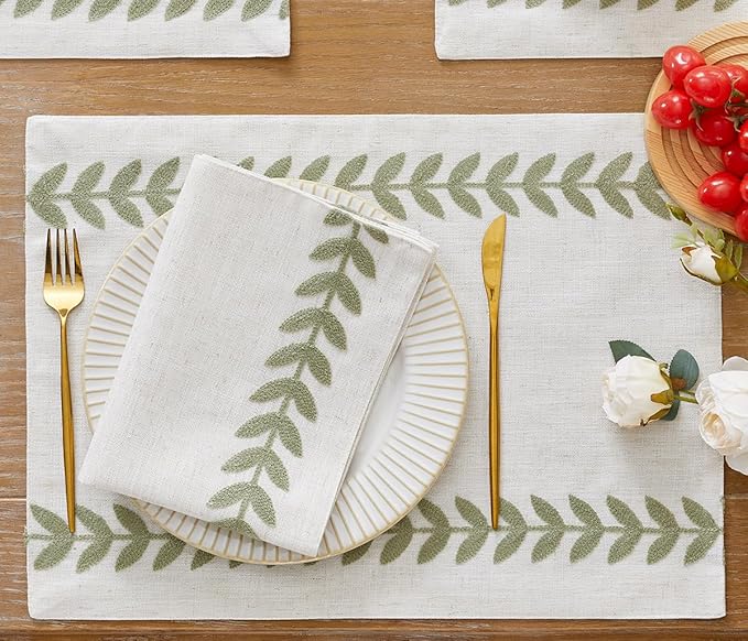 Wracra Embroidered Placemats, 13 x 18 Inch Set of 4 Placemats, Irregular Willow Rustic Place Mats for Kitchen Table and Heat Resistant, Light Sage Green 4PCS