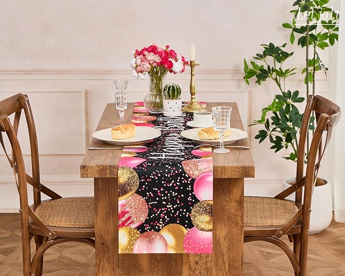 Letjolt Golden Rose Pink Balloon Happy Birthday Table Runner 72 Inches Celebrate Birthday Party Table Decor