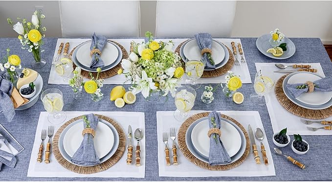 Solino Home Linen Tablecloth 60 x 108 Inch - 100% Pure Linen Chambray Indigo Table Cloth for Rectangle Tables - Athena, Machine Washable Tablecloth for Spring, Easter