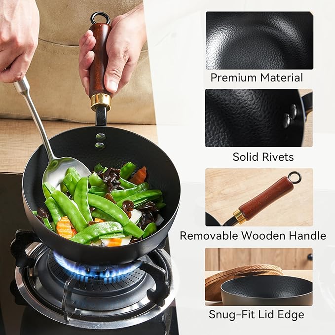 WANGYUANJI 8 Inch Hammered Iron Stir Fry Pan for 1?? Servings, Removable Beechwood Handle, Traditional Small Wok for Searing, Saut챕ing, Stir-Frying ??Non-Coated, Stovetop Compatible