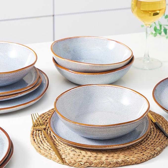 Bestone 12 Pieces Round Kitchen Dinnerware Sets竊똏lates and Bowls Sets,Dishes, Plates, Bowls, Dish Set, Chip Resistant Ceramic Dinnerware Set, Dishwasher/Microwave Safe,Service for 4,Reactive Blue