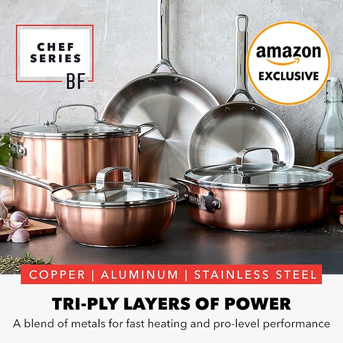 GreenPan x Bobby Flay 8 Piece Copper Clad Pots & Pans, Induction Ready Cookware, Measurement Markings, Stainless Steel Base & Interior, Oven Safe to 500?F