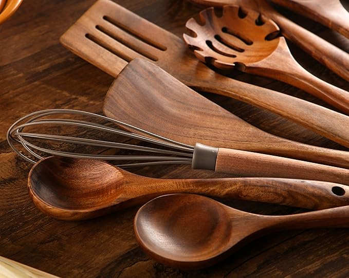 Wooden Spoons for Cooking, 10 Pcs Wooden Utensils for Cooking, NAYAHOSE Natural Teak Wood Spoons, Non-Stick Comfort Grip Kitchen Utensils Set