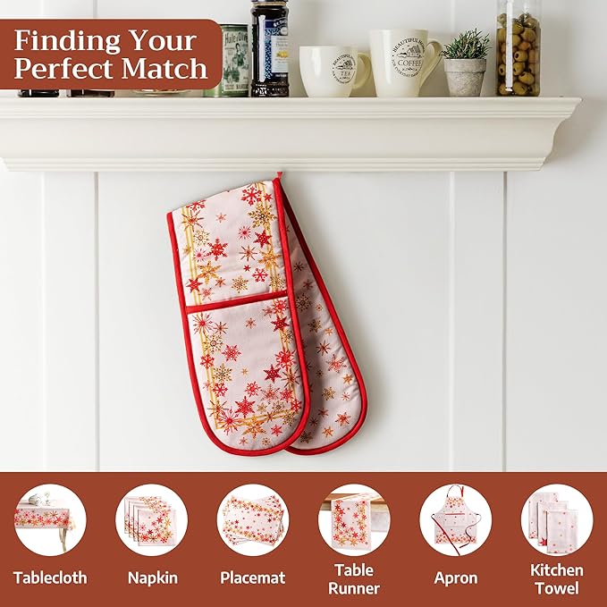 Maison d' Hermine Double Oven Mitt (7" x 35") 100% Cotton Heat Resistant BBQ Cooking Gloves with Loop for Thanksgiving Christmas Decorations Baking Cooking Barbeque Handling Hot Pan (Crystal Star)