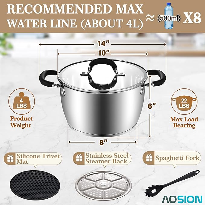 AOSION 6 Quart Steamer Pot With Lid, Nonstick Ceramic Steam Pot with Ladle (Stainless Steel Stockpot)