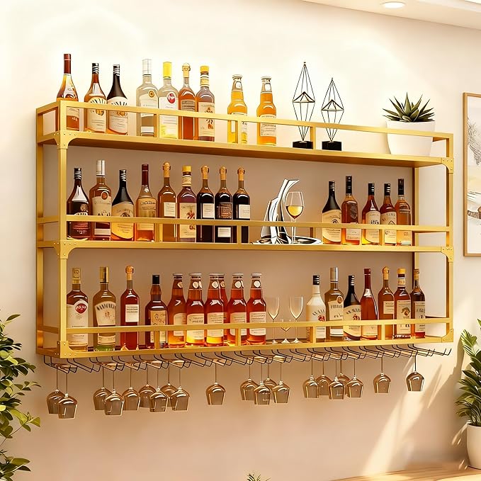 Wall Mounted Wine Rack, Floating Industrial Liquor Glass Holder 3 Tiers, Large Metal Wine Bottle Display Rack Hanging Shelf, for Home Bar Dining Room Decorative (Gold, 47.24x35.43x9.84in)
