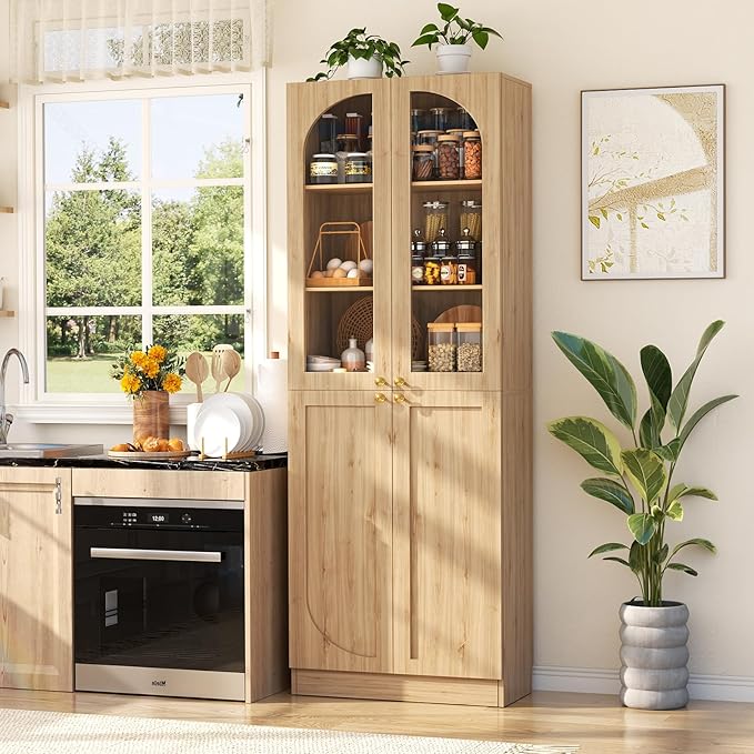 Cyclysio 80" Kitchen Pantry Cabinet, Tall Arch Storage Cabinet with Glass Doors, Freestanding Wood Floor Cupboard Bookcase with Seamless Fit Wall for Dining Room, Living Room, Bathroom (Natural)