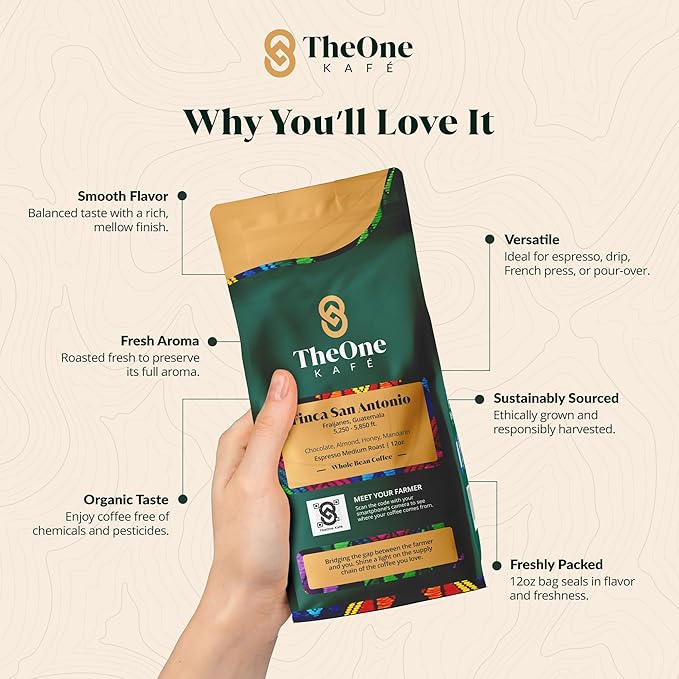 TheOne Kafé Guatemala Medium Roast Whole Bean Coffee ??Organic, Single Origin, Premium Specialty Coffee and Ethically Sourced ??Fresh Roasted for Espresso, Drip, Pour Over ??12 oz (Pack of 2)