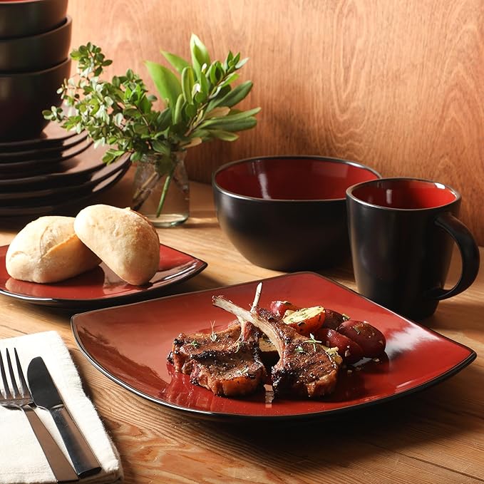 Gibson Elite Soho Lounge Square 16-Piece Dinnerware Set, Service for 4, Reactive Glaze Stoneware Plates and Bowls, Modern Dishes, Microwave & Dishwasher Safe ??Red and Black
