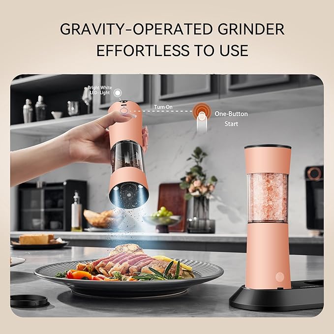 Gravity Electric Salt and Pepper Grinder Set with USB-C Charging Base,Rechargeable Automatic Stainless Steel Pepper Mill Grinder with LED Light, 2pack+Peach Orange (Peach Orange)