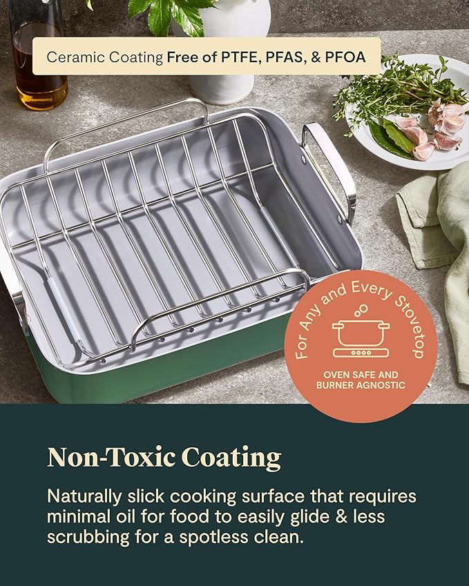 Caraway Roasting Pan - 16x13??Roasting Pan with Rack - Non-Stick Ceramic Coated - Non Toxic, PTFE & PFOA Free - Oven Safe & Compatible with All Stovetops - Cream