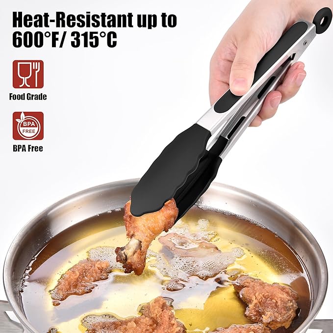Doosu Kitchen Tongs for Cooking - 600째F Heat Resistant Food Tong with Non-Scratch Silicone Tips, Heavy Duty Stainless Steel Locking Tong for BBQ, Grilling Steak, Serving Salad, Pasta (9in, Black)