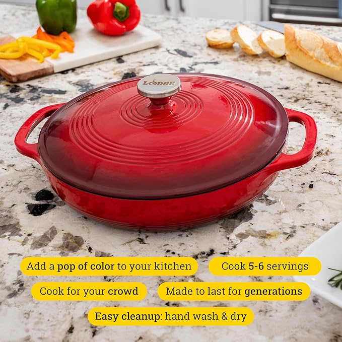 Lodge 3.6 Quart Enameled Cast Iron Oval Casserole With Lid??Dual Handles ??Oven Safe up to 500째 F or on Stovetop - Use to Marinate, Cook, Bake, Refrigerate and Serve ??Island Spice Red