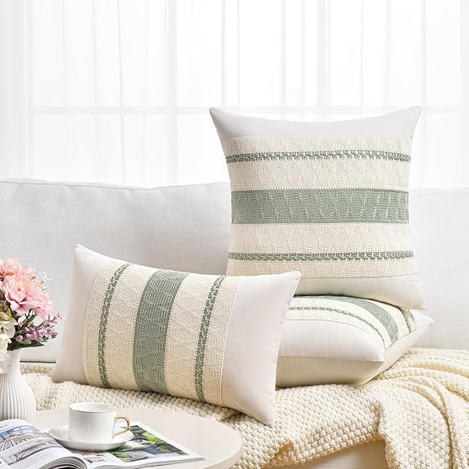 Fancy Homi Set of 2 Sage Green Boho Lumbar Decorative Throw Pillow Covers 12x20 Inch for Living Room Bedroom Couch Bed Chair, Rustic Retro Cushion Case, Bohemian Room Home Decor