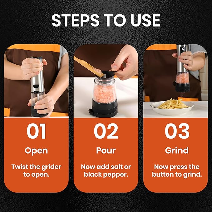 Electric Salt & Pepper Grinder Set ??Automatic Battery Operated Shakers, 5-Level Adjustable Coarseness, Dual Speed, USB Rechargeable, Large Capacity, Ideal Housewarming Gift (Stainless Steel)