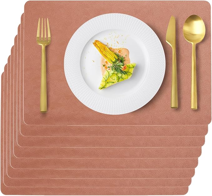 Uolr Vinyl Placemats Set of 8 Faux Leather 100% Waterproof Wipeable Washable Place Mats Heat Resistant Easy Clean Non-Slip Table Mats for Indoor Outdoor.(8, Coral)