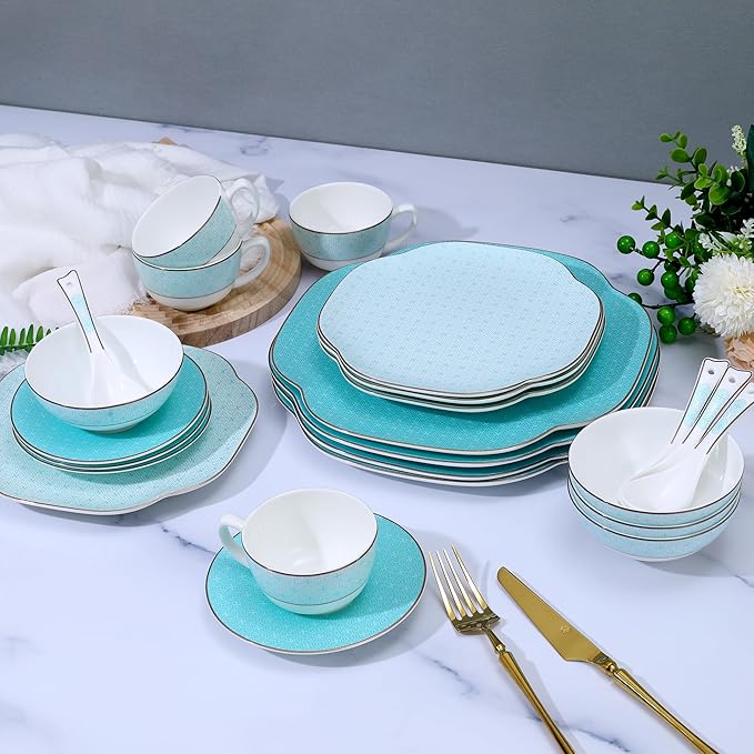 Blue 24 Piece Porcelain Dinnerware,Bone china set for 4,Plates and Bowls Sets With Silver checkered cross pattern, Highly Chip & Crack Resistant & Dishwasher (Light Blue + Checkered Cross)