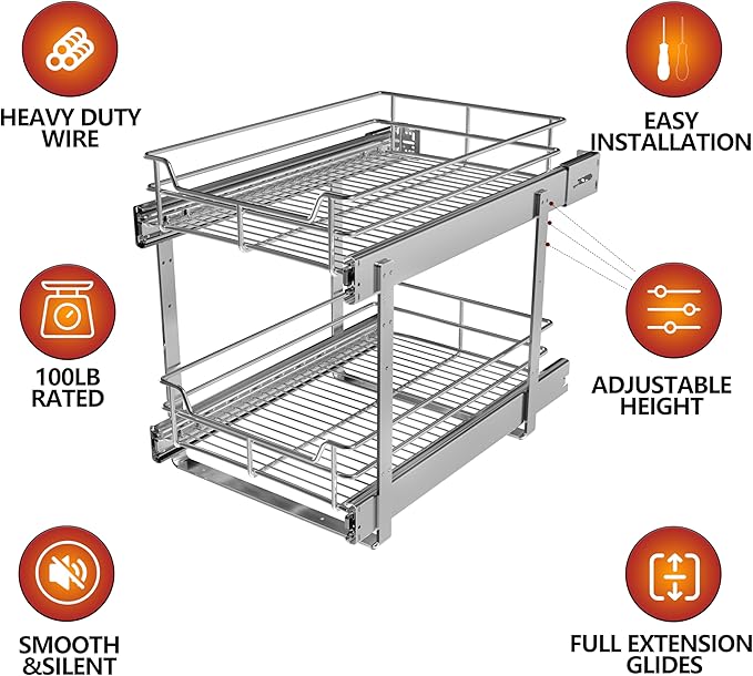 2 Tier Pull Out Cabinet Organizer (11" W x 22" D), Roll Out Shelves and Drawer for Kitchen Pantry Storage Basket, Heavy-Duty Metal Sliding Shelf